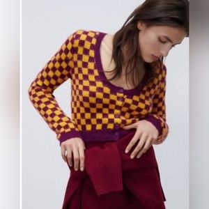 Zara Cropped Chekered Cardigan Orange/Purple size Medium